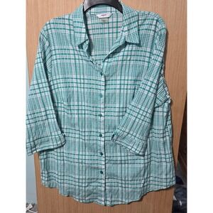 ALIA Plus Size 18W Green Plaid Button Down 3/4 Sleeve Shirt Womens